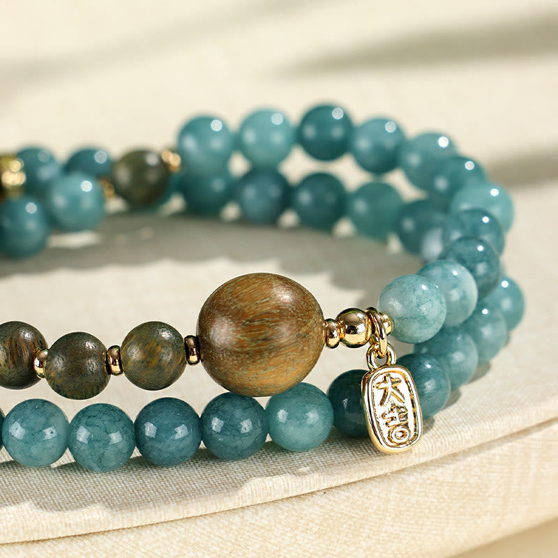 Pulsera de equilibrio emocional de doble vuelta con piedras de Buda, calcedonia azul, sándalo verde, hoja pequeña y sándalo rojo
