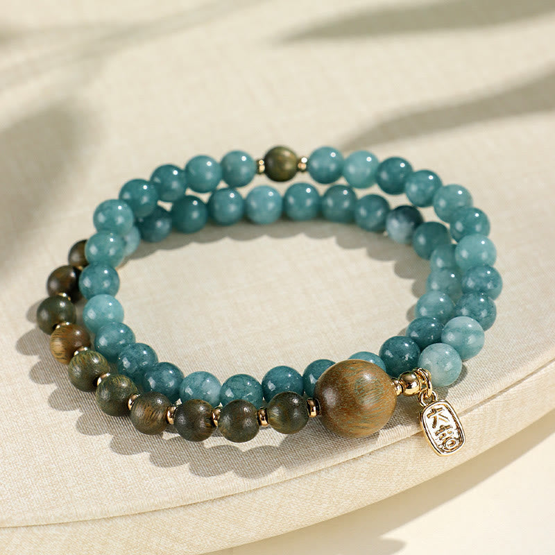 Pulsera de equilibrio emocional de doble vuelta con piedras de Buda, calcedonia azul, sándalo verde, hoja pequeña y sándalo rojo