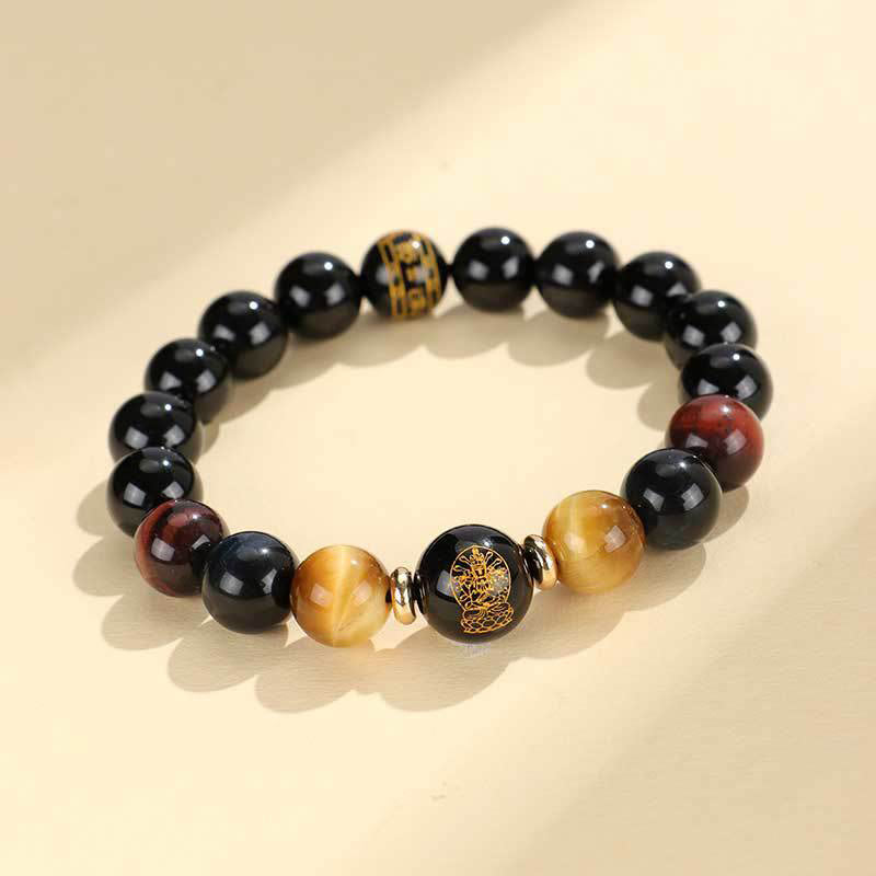 Pulsera de soporte de Buda con piedras de ónix negro, ojo de tigre, Om Mani Padme Hum, zodiaco chino