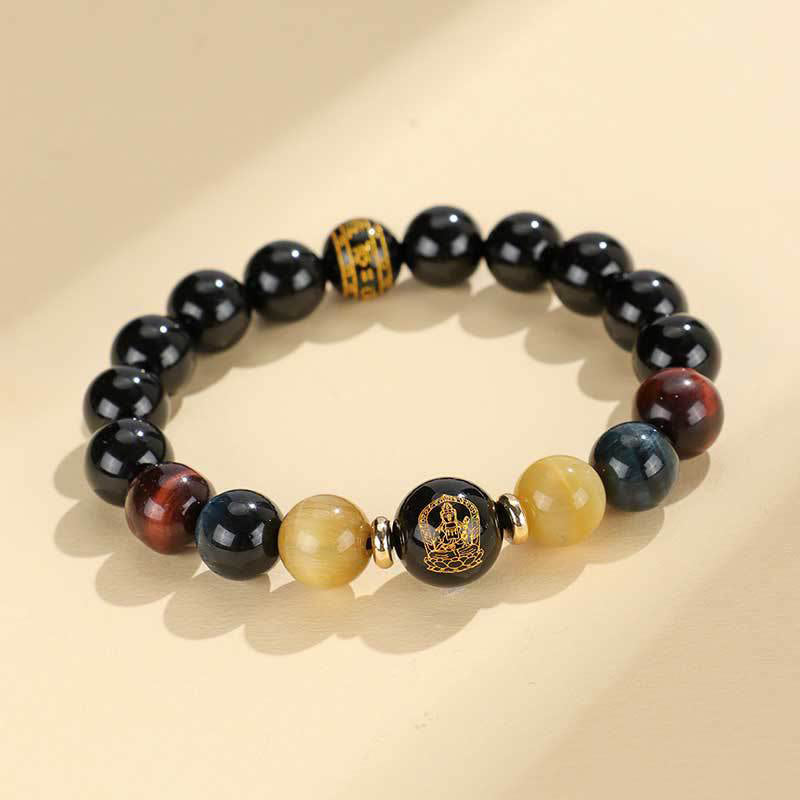 Pulsera de soporte de Buda con piedras de ónix negro, ojo de tigre, Om Mani Padme Hum, zodiaco chino