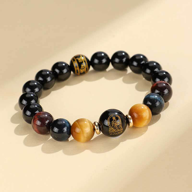 Pulsera de soporte de Buda con piedras de ónix negro, ojo de tigre, Om Mani Padme Hum, zodiaco chino