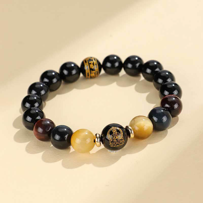 Pulsera de soporte de Buda con piedras de ónix negro, ojo de tigre, Om Mani Padme Hum, zodiaco chino