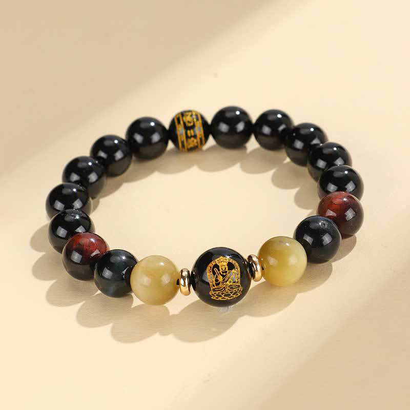 Pulsera de soporte de Buda con piedras de ónix negro, ojo de tigre, Om Mani Padme Hum, zodiaco chino