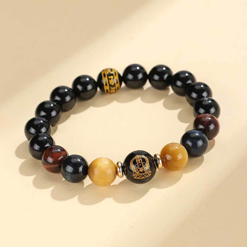 Pulsera de soporte de Buda con piedras de ónix negro, ojo de tigre, Om Mani Padme Hum, zodiaco chino