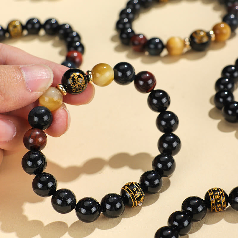 Pulsera de soporte de Buda con piedras de ónix negro, ojo de tigre, Om Mani Padme Hum, zodiaco chino