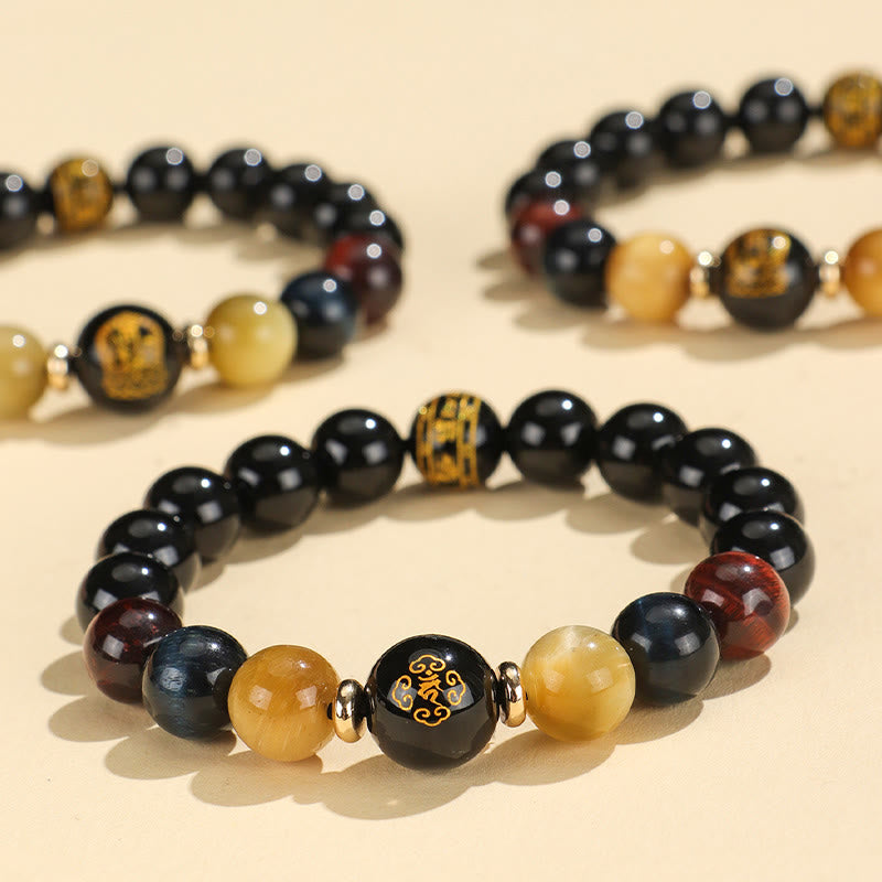 Pulsera de soporte de Buda con piedras de ónix negro, ojo de tigre, Om Mani Padme Hum, zodiaco chino