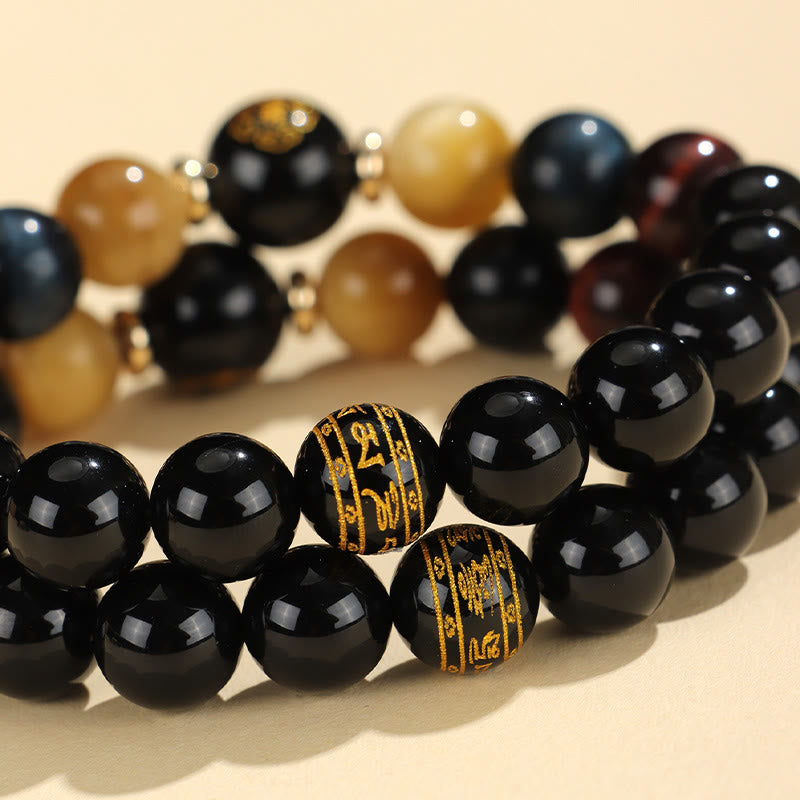 Pulsera de soporte de Buda con piedras de ónix negro, ojo de tigre, Om Mani Padme Hum, zodiaco chino