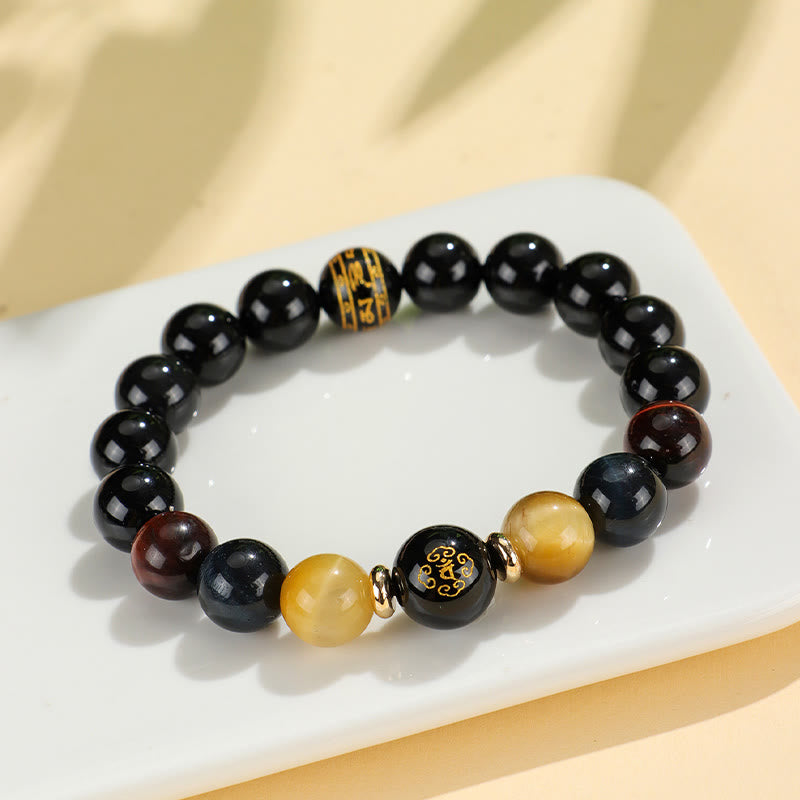 Pulsera de soporte de Buda con piedras de ónix negro, ojo de tigre, Om Mani Padme Hum, zodiaco chino