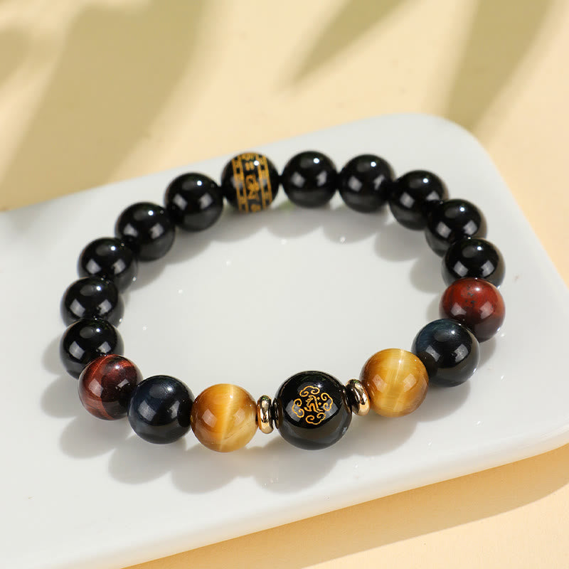 Pulsera de soporte de Buda con piedras de ónix negro, ojo de tigre, Om Mani Padme Hum, zodiaco chino