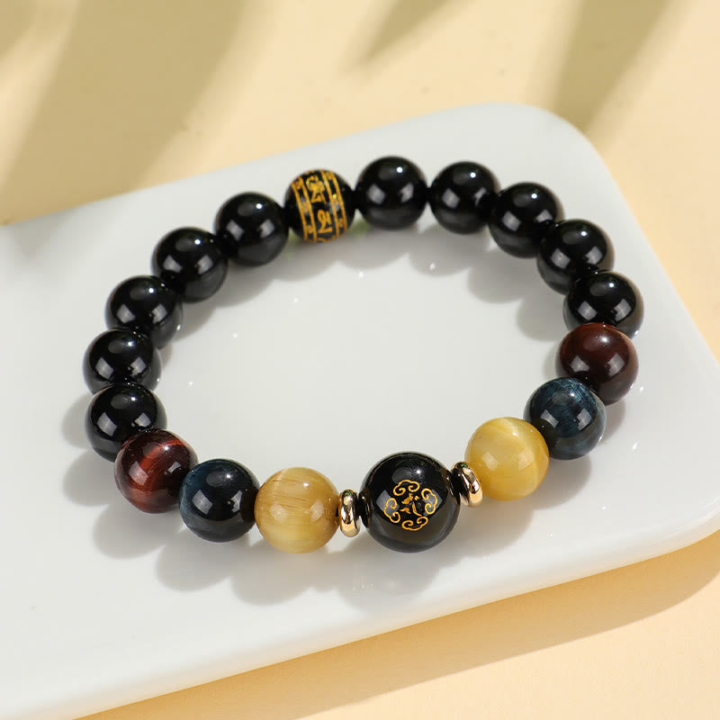 Pulsera de soporte de Buda con piedras de ónix negro, ojo de tigre, Om Mani Padme Hum, zodiaco chino