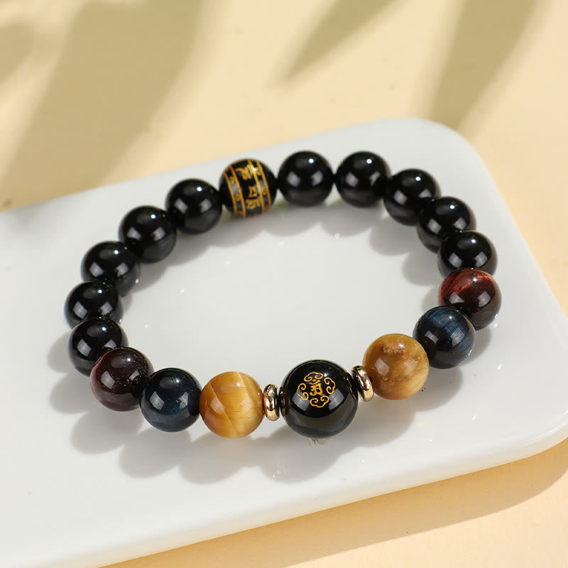 Pulsera de soporte de Buda con piedras de ónix negro, ojo de tigre, Om Mani Padme Hum, zodiaco chino