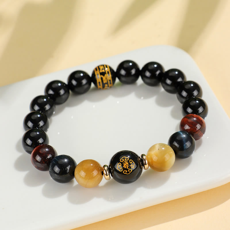 Pulsera de soporte de Buda con piedras de ónix negro, ojo de tigre, Om Mani Padme Hum, zodiaco chino