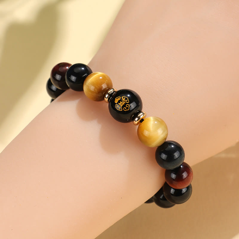 Pulsera de soporte de Buda con piedras de ónix negro, ojo de tigre, Om Mani Padme Hum, zodiaco chino