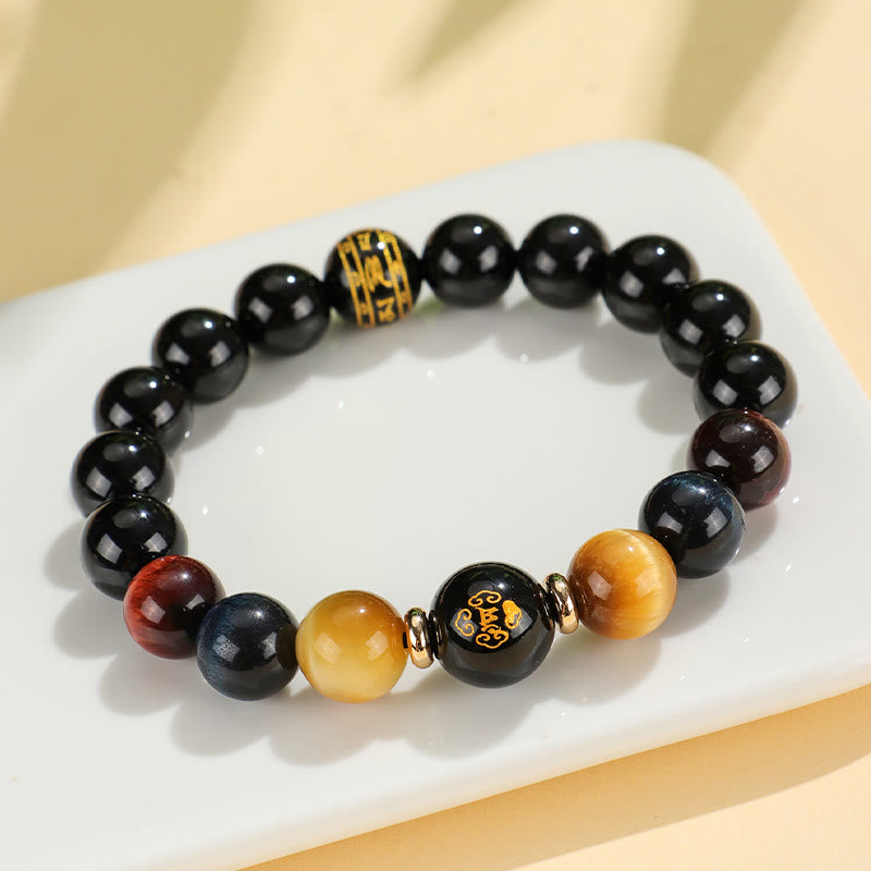 Pulsera de soporte de Buda con piedras de ónix negro, ojo de tigre, Om Mani Padme Hum, zodiaco chino