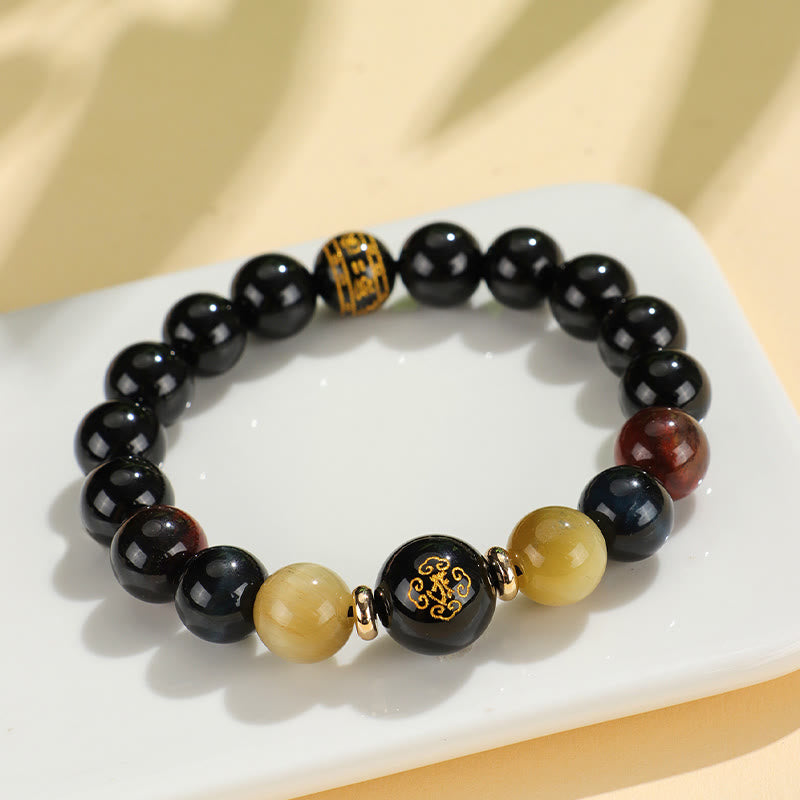 Pulsera de soporte de Buda con piedras de ónix negro, ojo de tigre, Om Mani Padme Hum, zodiaco chino