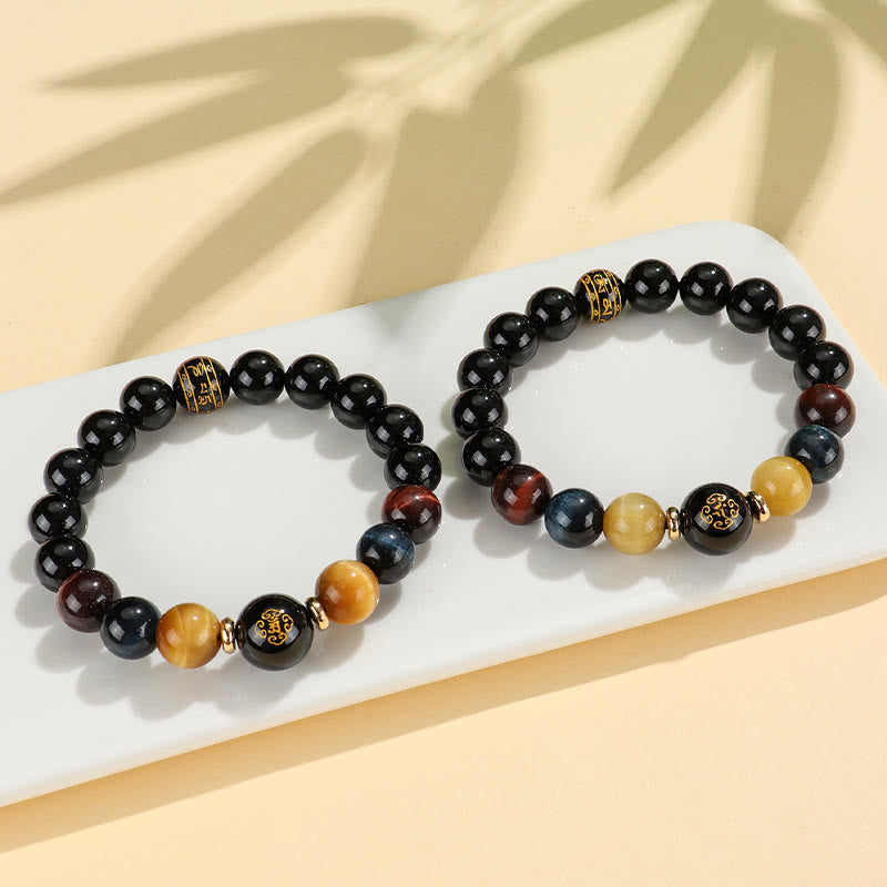 Pulsera de soporte de Buda con piedras de ónix negro, ojo de tigre, Om Mani Padme Hum, zodiaco chino