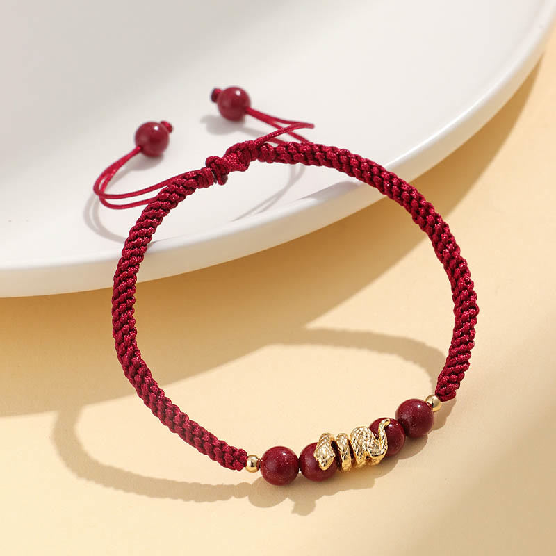 Pulsera trenzada de protección hecha a mano con piedras de Buda y cinabrio, con hilo de serpiente, para el año de la serpiente.