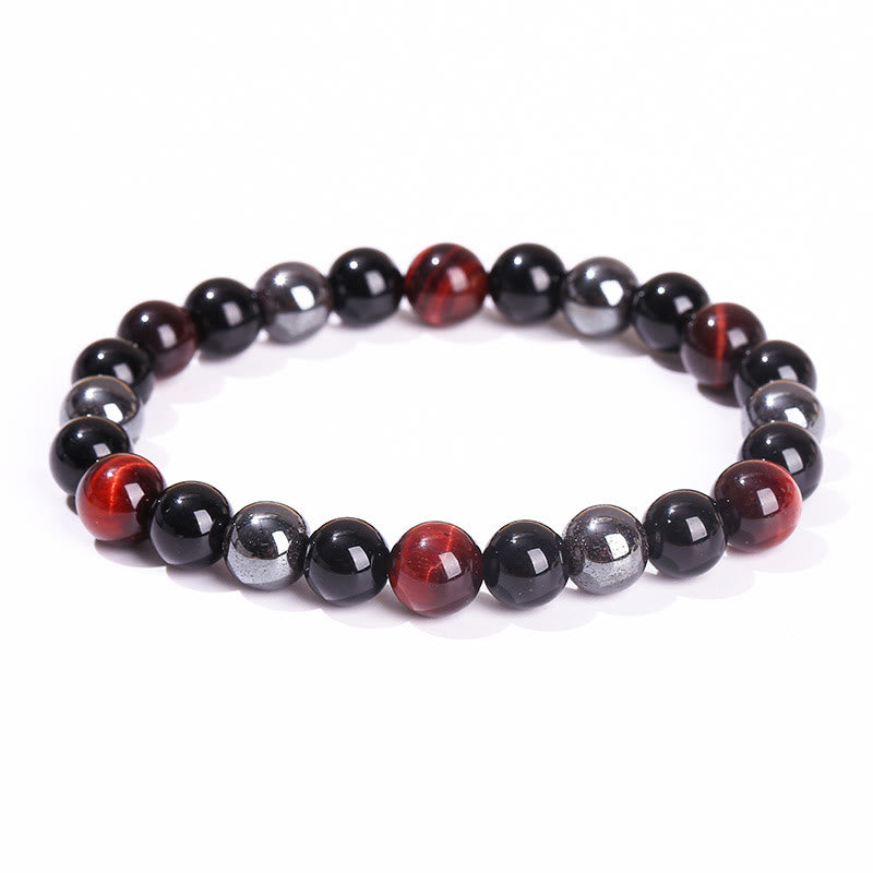Buddha Stones Armband aus natürlichem Tigerauge, Obsidian und Hämatit mit positiver Wirkung