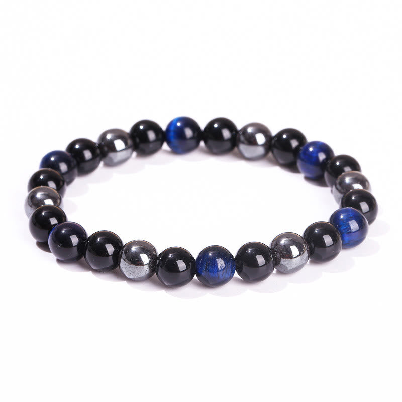 Buddha Stones Armband aus natürlichem Tigerauge, Obsidian und Hämatit mit positiver Wirkung