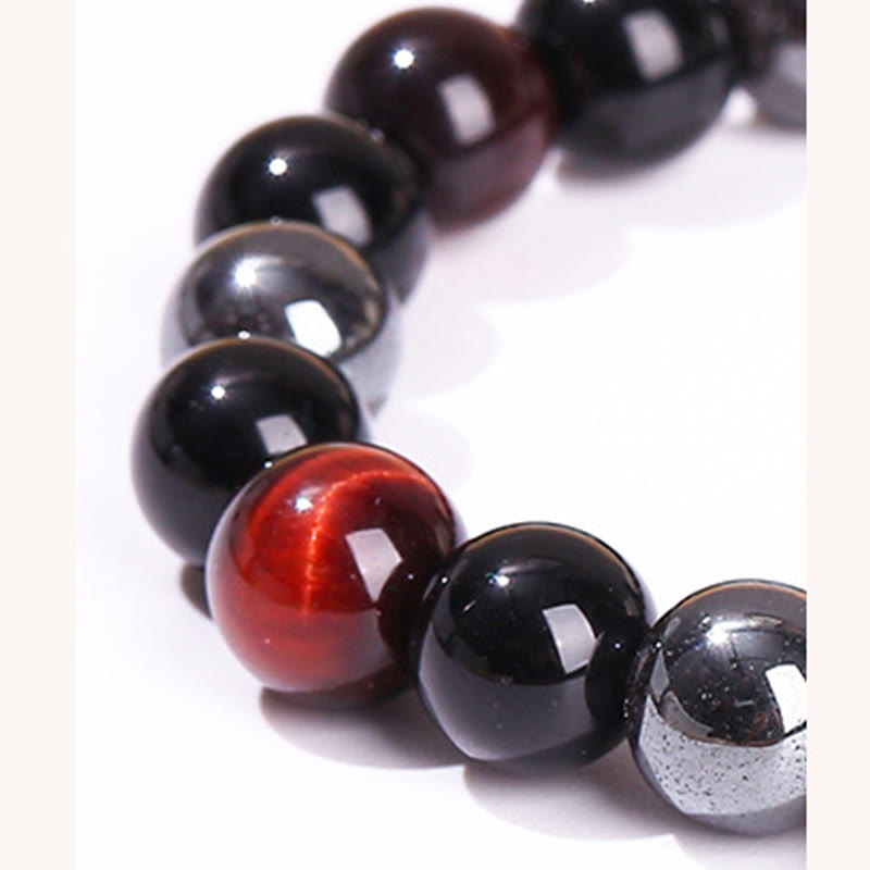 Buddha Stones Armband aus natürlichem Tigerauge, Obsidian und Hämatit mit positiver Wirkung