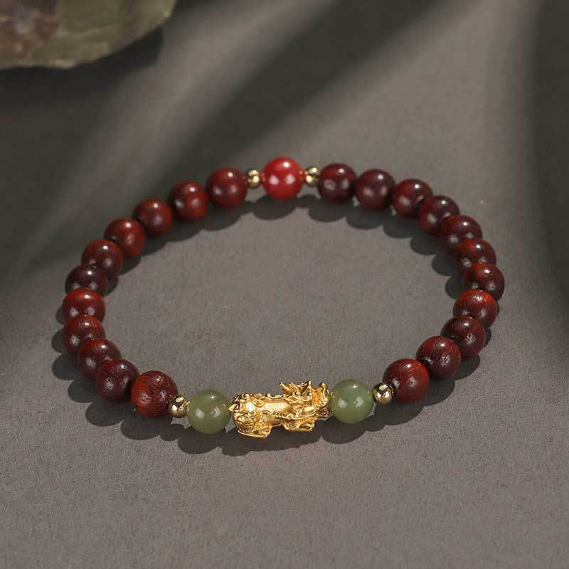 Buddha Stones 999 Sterling Silber Sandelholz Ebenholz Kleines Blatt Rotes Sandelholz Hetian Jade Zinnober PiXiu Reichtum Armband