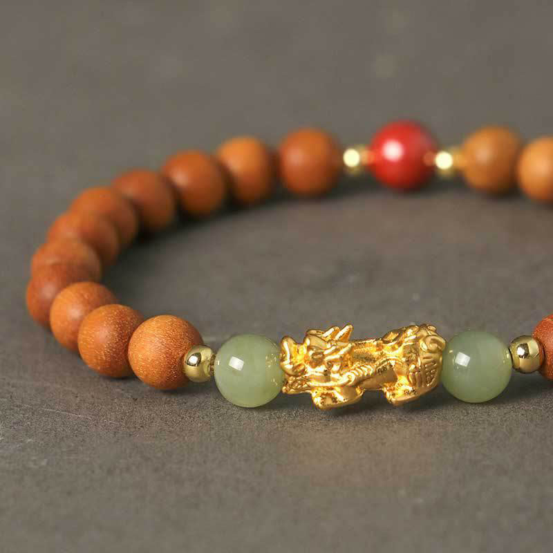 Buddha Stones 999 Sterling Silber Sandelholz Ebenholz Kleines Blatt Rotes Sandelholz Hetian Jade Zinnober PiXiu Reichtum Armband