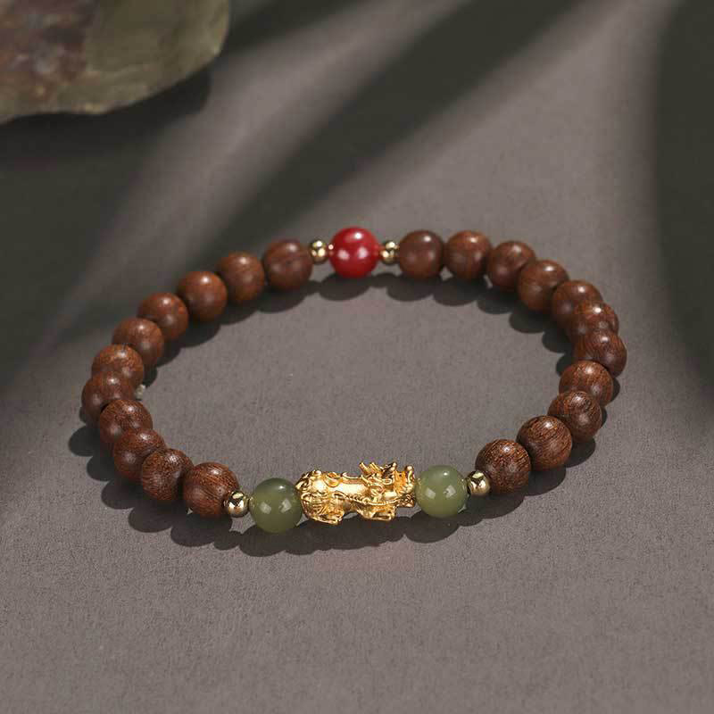 Buddha Stones 999 Sterling Silber Sandelholz Ebenholz Kleines Blatt Rotes Sandelholz Hetian Jade Zinnober PiXiu Reichtum Armband