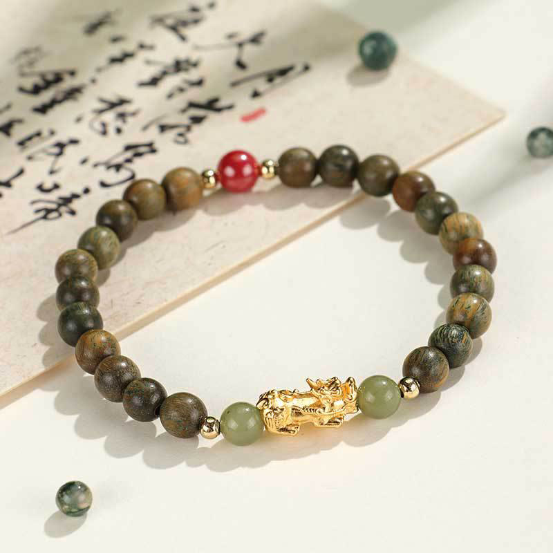 Buddha Stones 999 Sterling Silber Sandelholz Ebenholz Kleines Blatt Rotes Sandelholz Hetian Jade Zinnober PiXiu Reichtum Armband