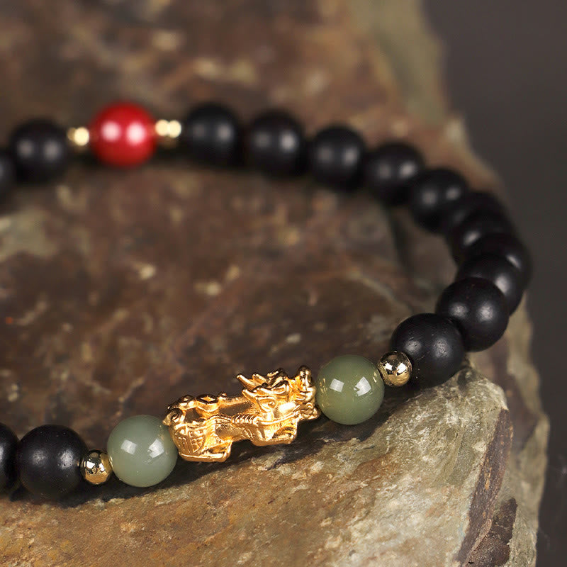 Buddha Stones 999 Sterling Silber Sandelholz Ebenholz Kleines Blatt Rotes Sandelholz Hetian Jade Zinnober PiXiu Reichtum Armband