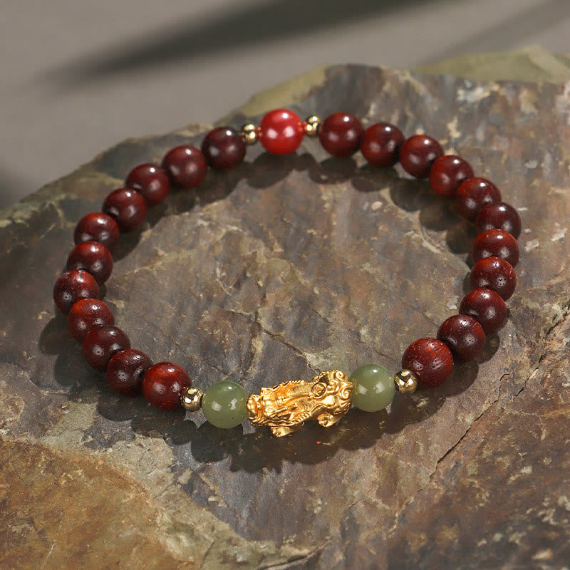 Buddha Stones 999 Sterling Silber Sandelholz Ebenholz Kleines Blatt Rotes Sandelholz Hetian Jade Zinnober PiXiu Reichtum Armband