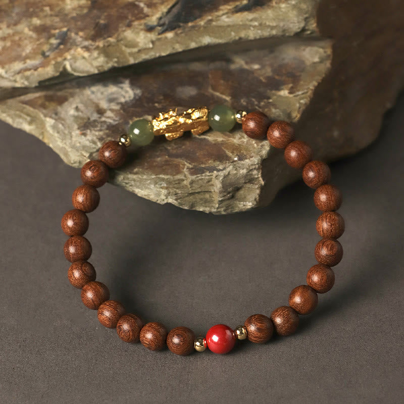 Buddha Stones 999 Sterling Silber Sandelholz Ebenholz Kleines Blatt Rotes Sandelholz Hetian Jade Zinnober PiXiu Reichtum Armband