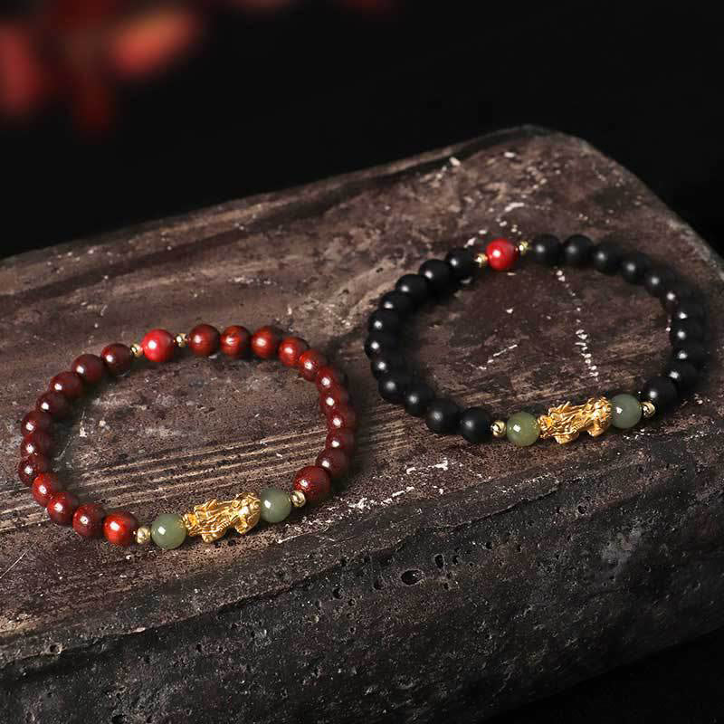 Buddha Stones 999 Sterling Silber Sandelholz Ebenholz Kleines Blatt Rotes Sandelholz Hetian Jade Zinnober PiXiu Reichtum Armband