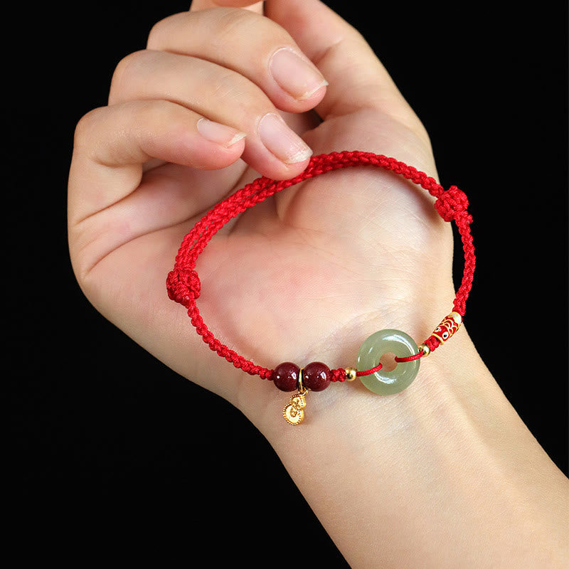 Pulsera de protección de plata 925 con cinabrio y hebilla de paz de jade hetiano, hilo rojo y hilo negro, con piedras de Buda