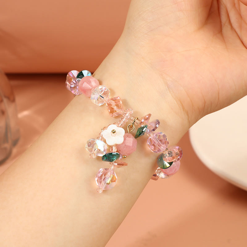 Pulsera de flores de cristal blanco con piedras de Buda, cristal rosa y verde