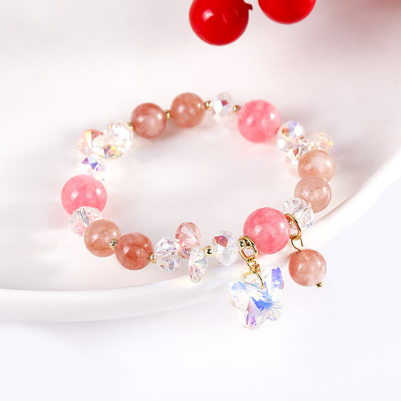 Pulsera de mariposa de amor con cristales de fresa, cuarzo blanco y cristal rosa de Buddha Stones