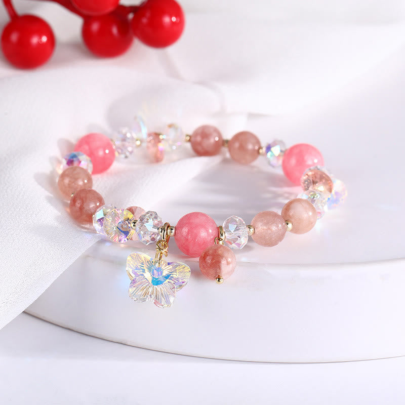 Pulsera de mariposa de amor con cristales de fresa, cuarzo blanco y cristal rosa de Buddha Stones