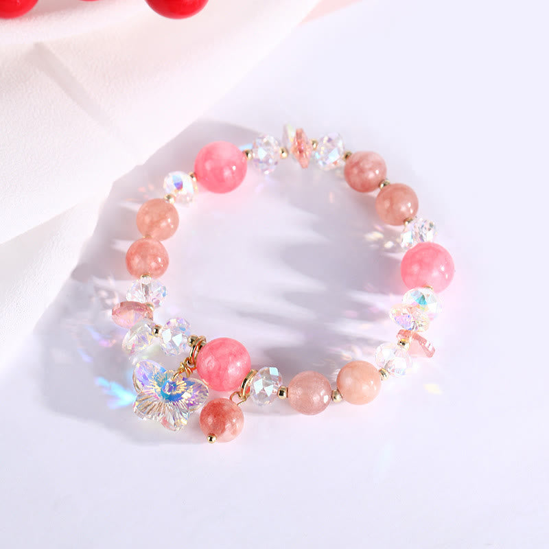 Pulsera de mariposa de amor con cristales de fresa, cuarzo blanco y cristal rosa de Buddha Stones