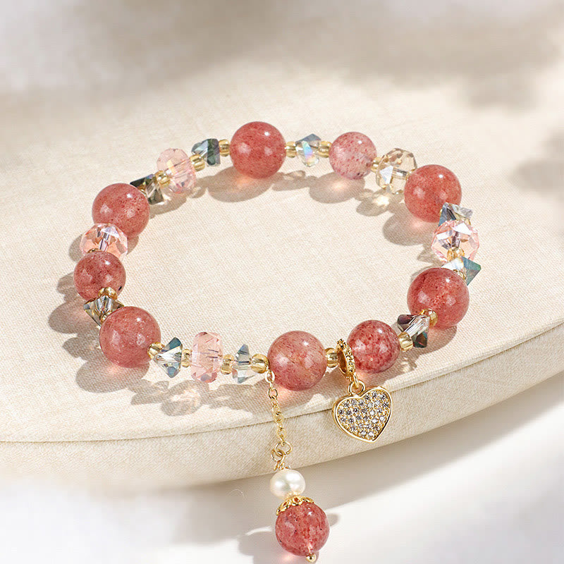 Buddha Stones Erdbeerquarz Weiße Kristallperle Liuli Herz Heilung Armband