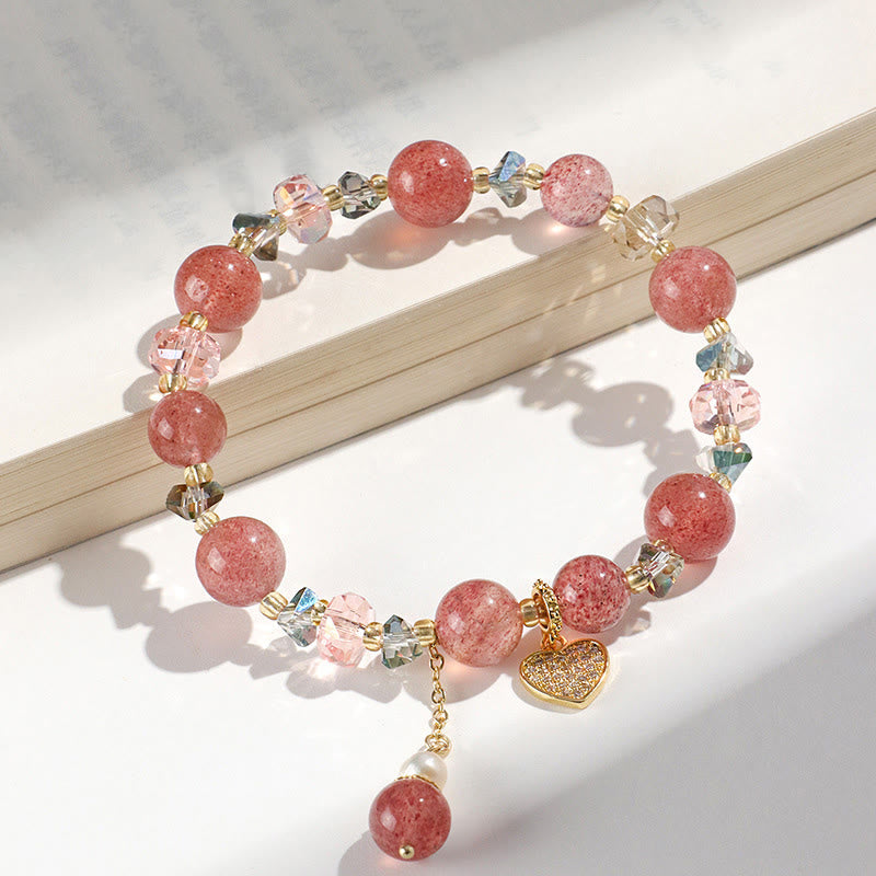 Buddha Stones Erdbeerquarz Weiße Kristallperle Liuli Herz Heilung Armband