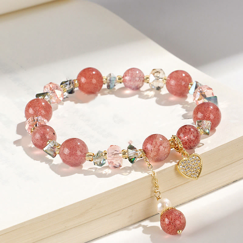 Buddha Stones Erdbeerquarz Weiße Kristallperle Liuli Herz Heilung Armband