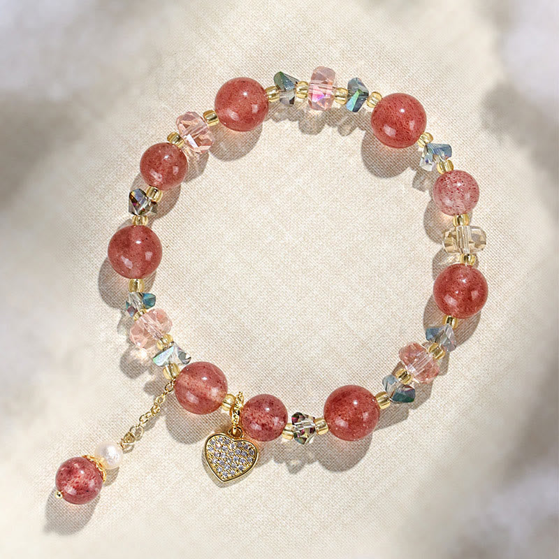 Buddha Stones Erdbeerquarz Weiße Kristallperle Liuli Herz Heilung Armband