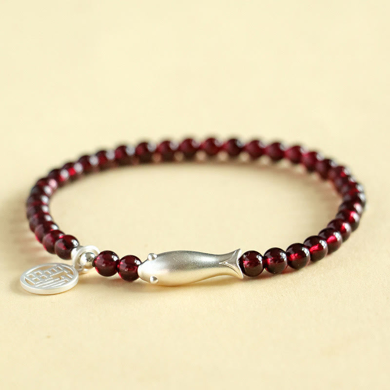 Pulsera de purificación con el símbolo de pez Fu en plata de ley 925 con piedras de Buda y granate