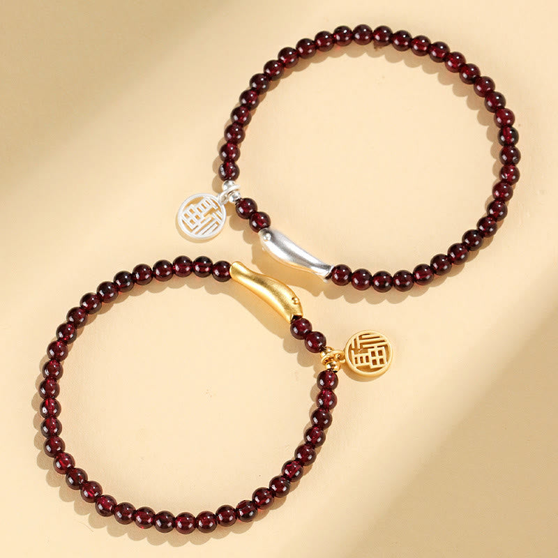 Pulsera de purificación con el símbolo de pez Fu en plata de ley 925 con piedras de Buda y granate