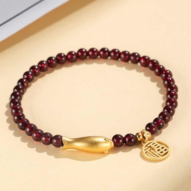 Pulsera de purificación con el símbolo de pez Fu en plata de ley 925 con piedras de Buda y granate