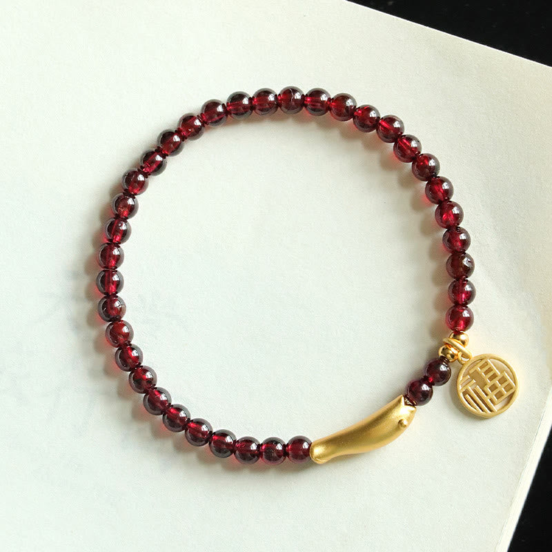 Pulsera de purificación con el símbolo de pez Fu en plata de ley 925 con piedras de Buda y granate