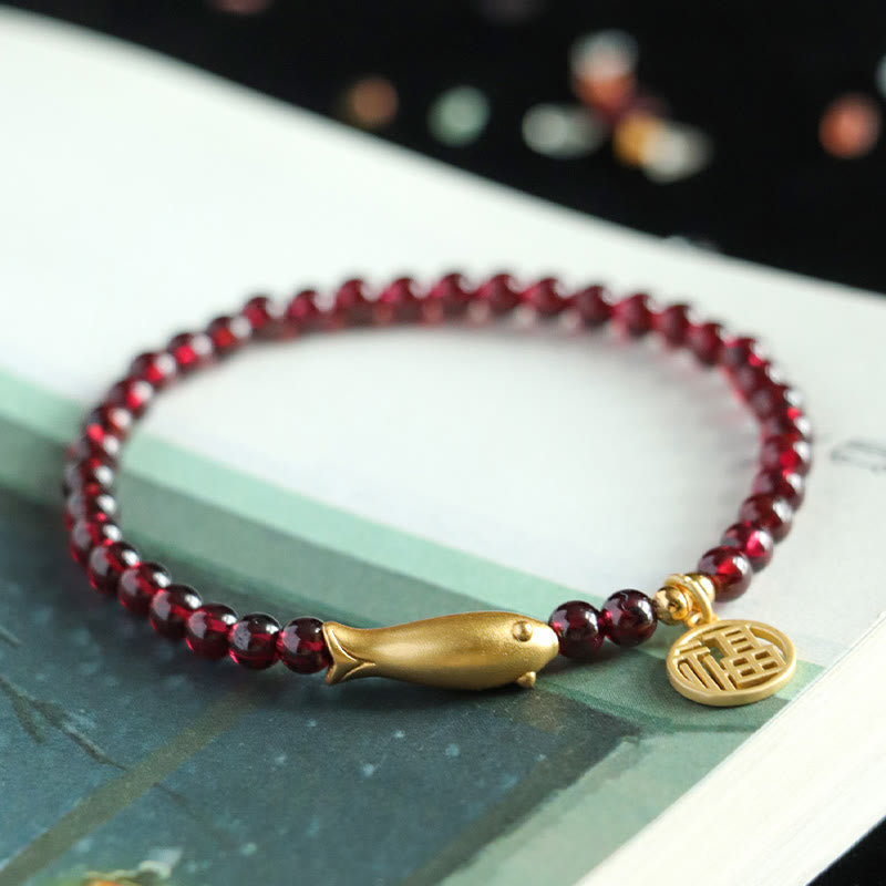 Pulsera de purificación con el símbolo de pez Fu en plata de ley 925 con piedras de Buda y granate