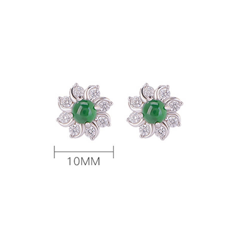 Pendientes de prosperidad con flor de jade redonda de plata de ley 925 con piedras de Buda