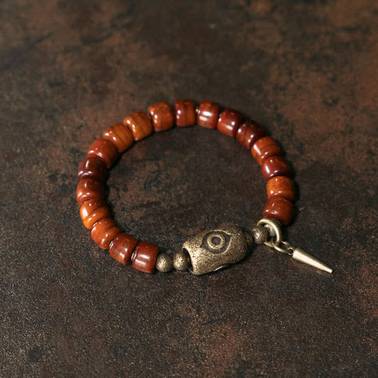 Buddha Stones Yak Bone Dzi Shape Copper Cone Pendant Strength Bracelet