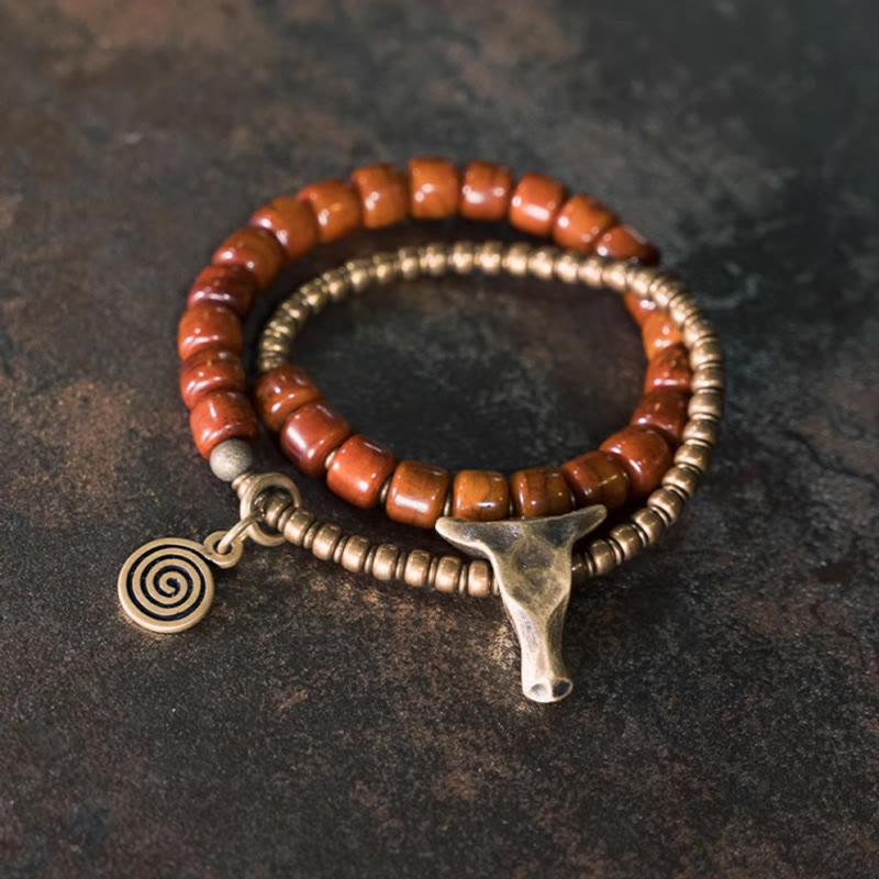 Pulsera de fuerza de doble vuelta con colgante de cono de cabeza de yak de cobre y hueso de yak con piedras de Buda