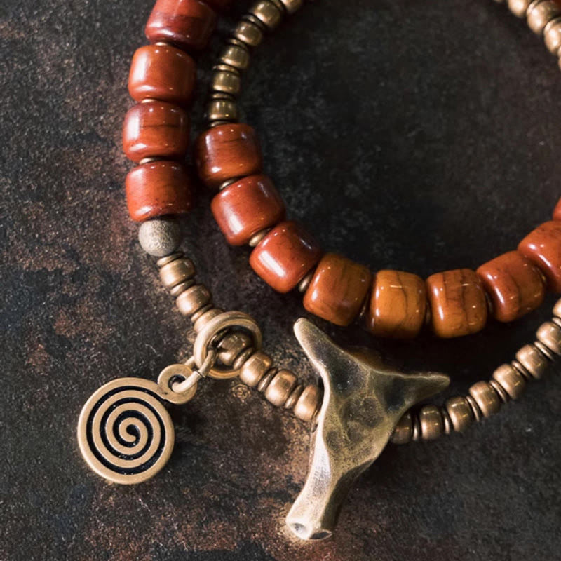 Pulsera de fuerza de doble vuelta con colgante de cono de cabeza de yak de cobre y hueso de yak con piedras de Buda
